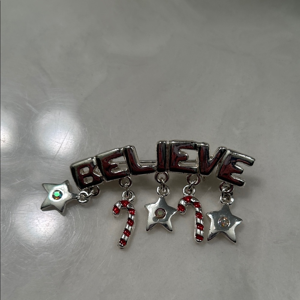 Silver 'Believe' Brooch with Red Accents